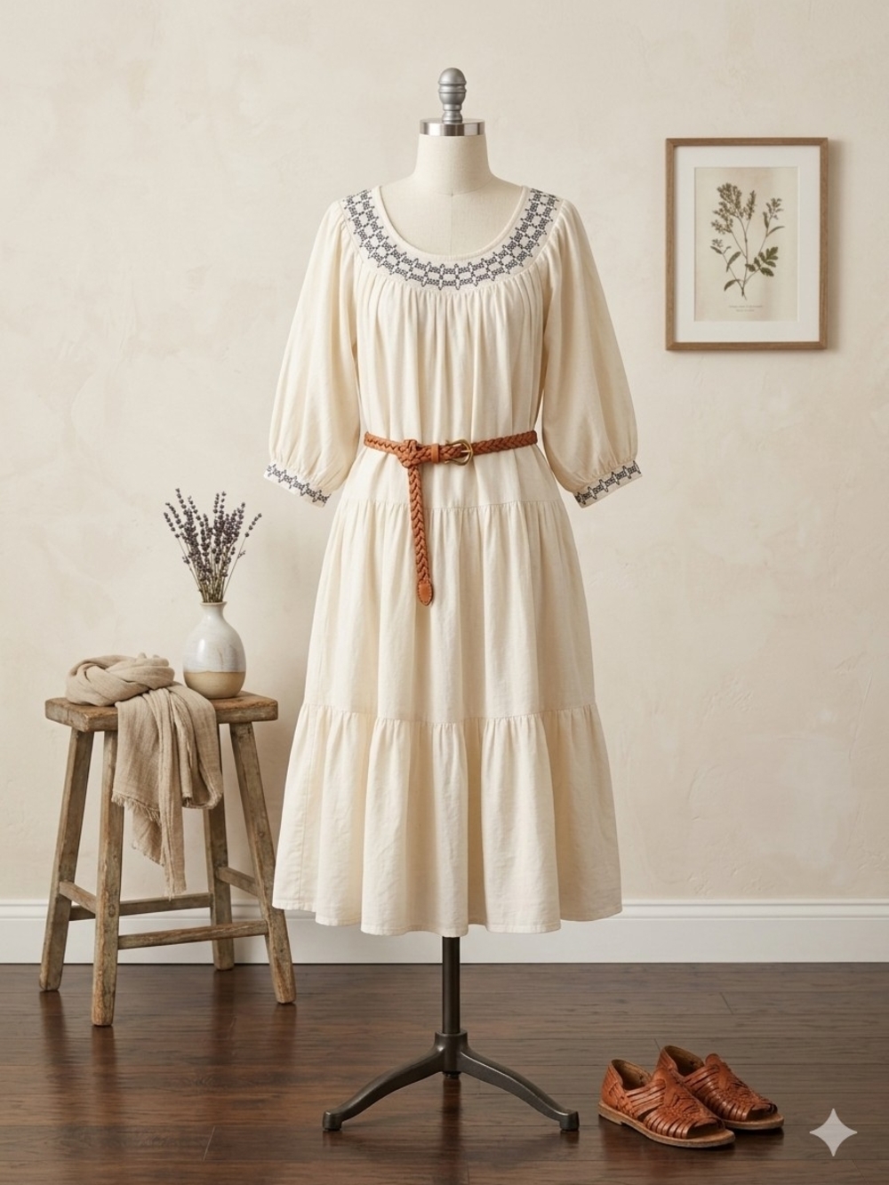 Old Navy Cream Tiered Midi Dress with Brown Braided Belt